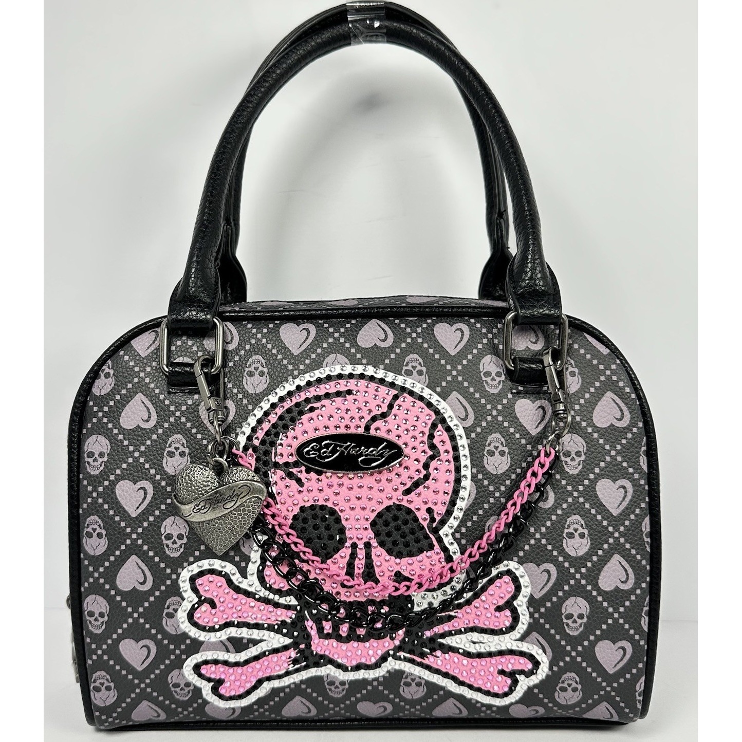 Ed Hardy Pink Skull Rhinestone Satchel Crossbody Bag Heart Charm Y2k New